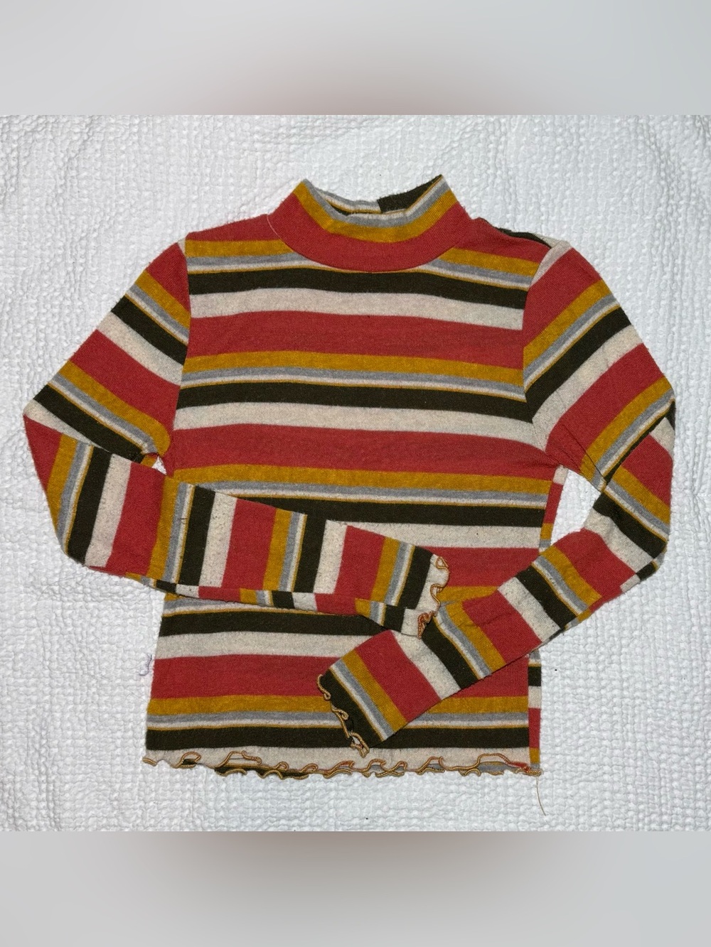 Striped Mock Neck Sweater in Orange, Cream, Mustard, Grey and Brown